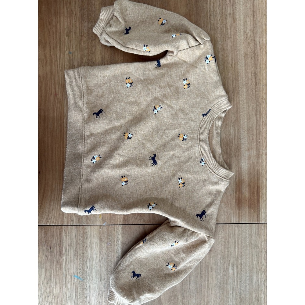 Janie and Jack Toddler Girls Tan Embroidered Horse Floral Sweatshirt 18-24M